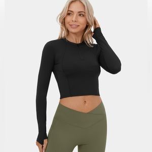Halara Half Zip Long Sleeve Thumb Hole Cropped Black Top Size S NWT